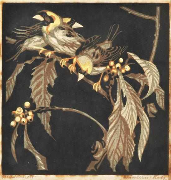 Appraisal: NORBERTINE VON BRESSLERN ROTH AUSTRIAN - Finches and Berries linocut