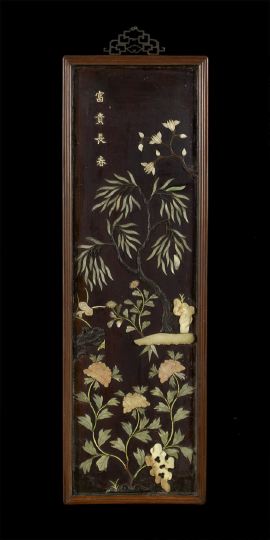 Appraisal: Chinese Framed Lacquered Wall Panel with Hardstone Appliques th century