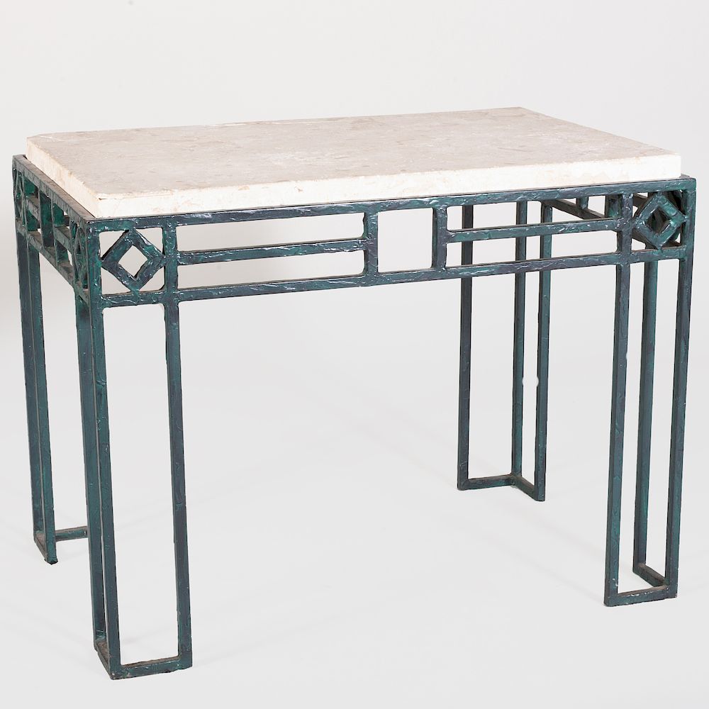 Appraisal: Modern Green Painted Metal Side Table Fitted with a veneered