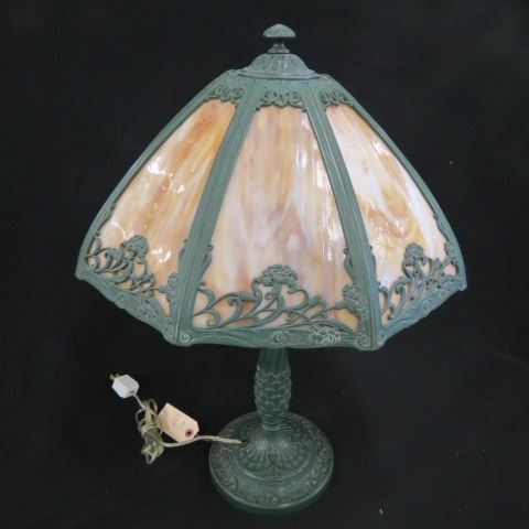 Appraisal: Antique Slag Glass Lamp panel umbrella shade floral overlaid design