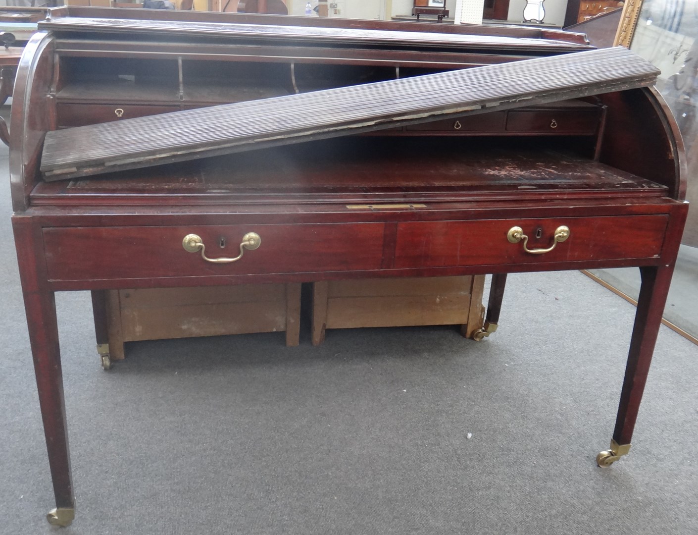 Appraisal: A George III mahogany tambor fronted cylinder bureau with single