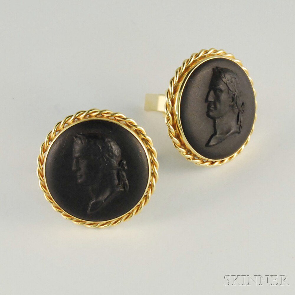 Appraisal: Pair of kt Gold and Wedgwood Black Basalt Vespasian Cuff