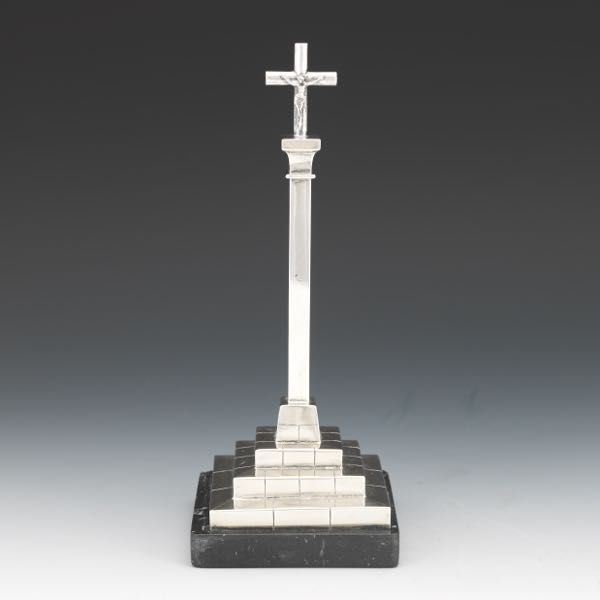 Appraisal: BESADA STERLING SILVER MONUMENT WITH CRUCIFIXION ON MARBLE BASE x