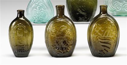 Appraisal: Six mold-blown colored glass flasks th century Including one olive