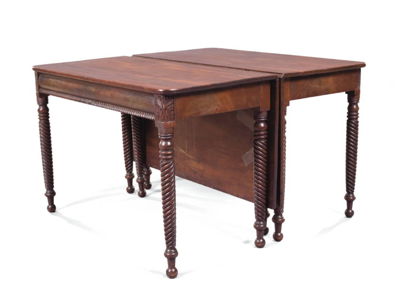 Appraisal: AMERICAN LATE SHERATON CARVED MAHOGANY TWO-PART DINING TABLE WITH TWIST-TURNED