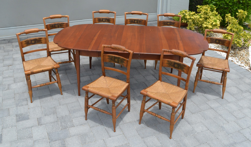 Appraisal: HITCHCOCK FURNITURE DINING TABLE CHAIRS Drop leaf table with shaped