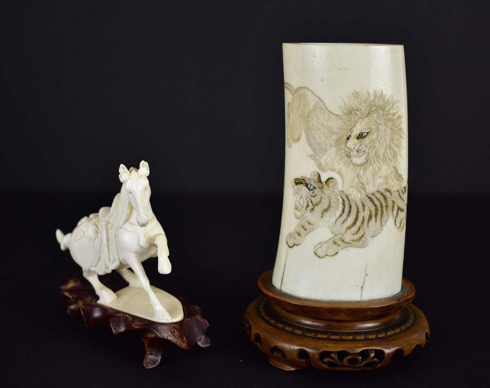 Appraisal: JAPANESE FELINE ETCHED VASE CHINESE HORSEThe first Meiji Period decorated