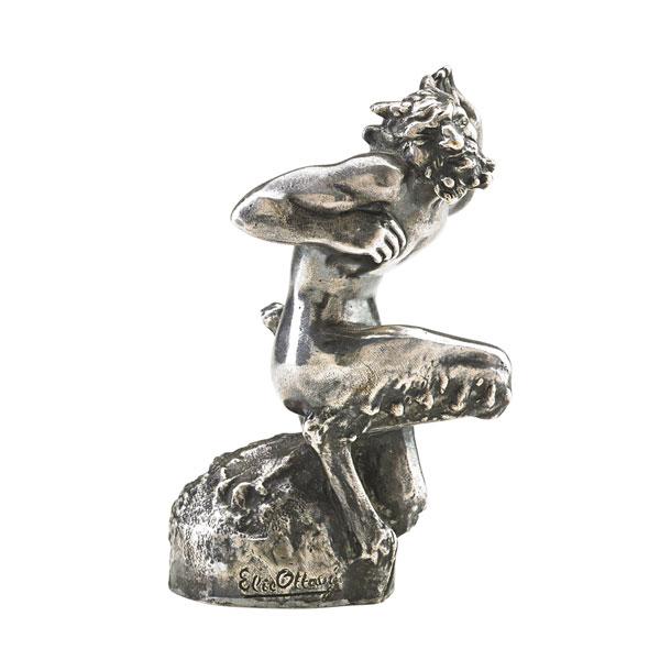 Appraisal: ELIE OTTAVY MASCOT Silvered bronze figure of a faun ca