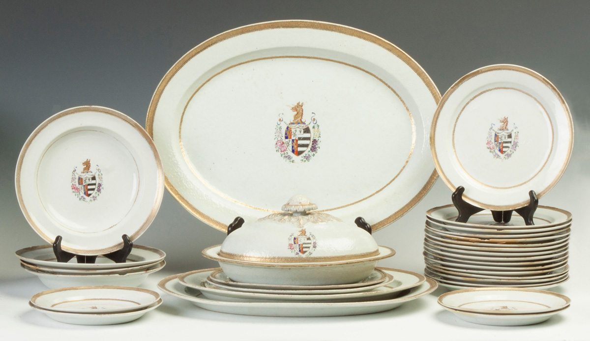 Appraisal: Chinese Export Armorial Dinner Ware Early th cent Five graduated