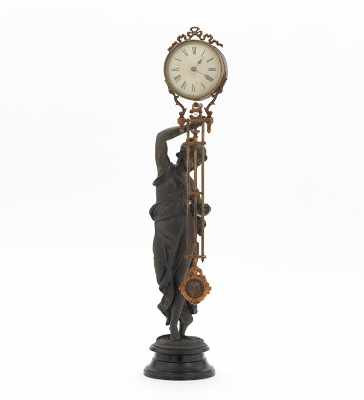 Appraisal: Ansonia Fisher Figural Swing Clock ca - Spelter statue of