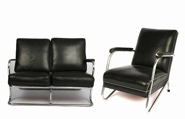 Appraisal: A chrome and black leather settee and armchair height of