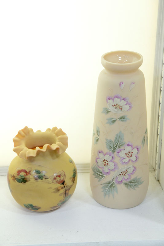 Appraisal: TWO ART GLASS VASES Both with enameled floral design A