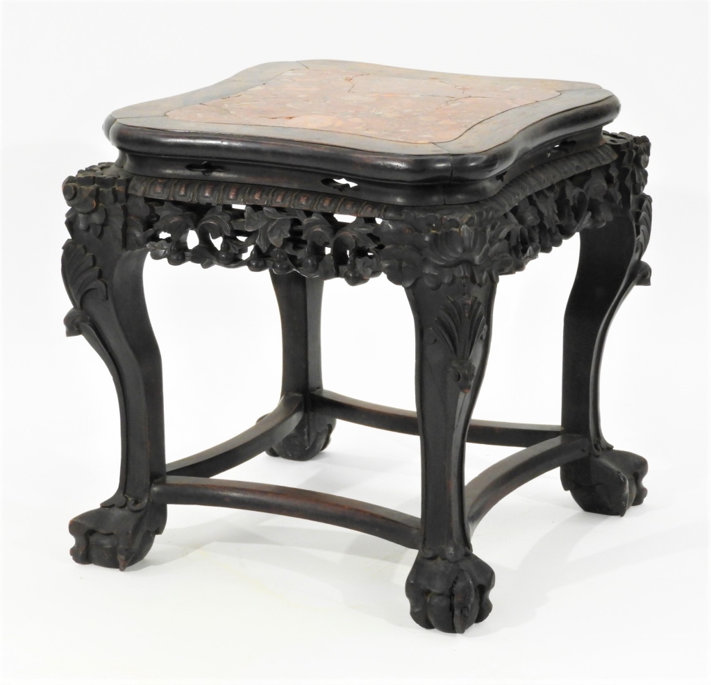 Appraisal: CHINESE CARVED HARDWOOD PUDDING STONE TABLE China th CenturyShaped top