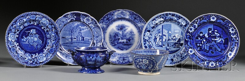 Appraisal: Seven Blue Transfer-decorated Table Items England early th century five