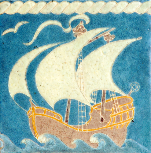 Appraisal: GRUEBY tile decorated in cuenca with tall ship on waves