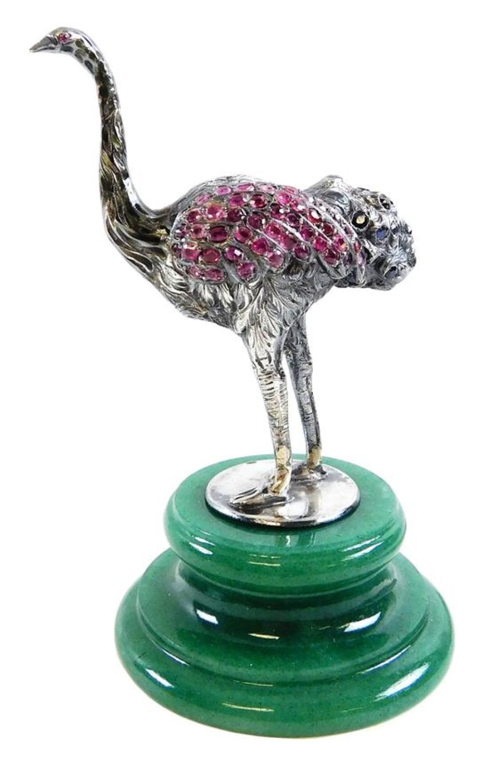 Appraisal: Silver Ostrich on Aventurine Pedestal tested silver neck of ostrich