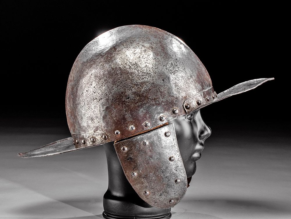 Appraisal: Early th C German Iron Sapper Helmet w Ear Flaps