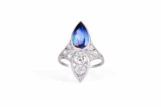 Appraisal: An Art Deco Platinum Synthetic Sapphire and Diamond Ring An