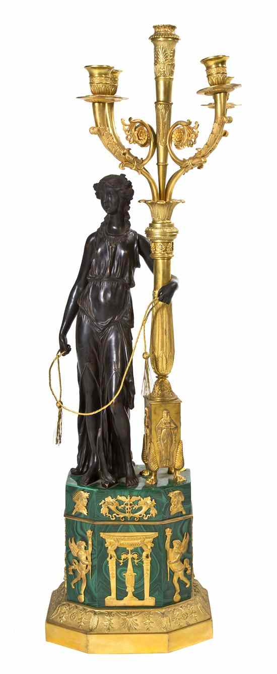 Appraisal: An Empire Patinated Gilt Bronze and Malachite Veneered Five-Light Figural