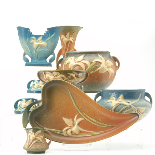 Appraisal: ROSEVILLE Nine Zephyr Lily pieces five brown a low bowl