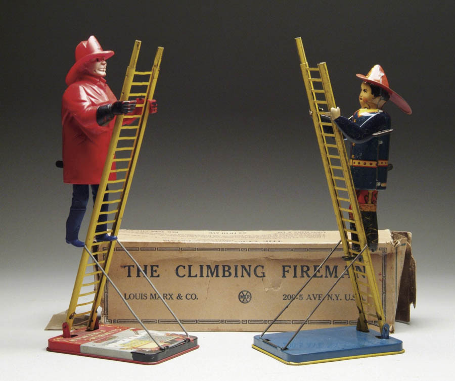 Appraisal: LOT OF FIREMAN TOYS Including plastic Marx climbing fireman Also