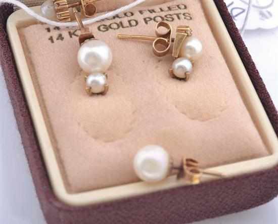 Appraisal: THREE PAIRS OF CULTURED PEARL STUD EARRINGS IN CT CT