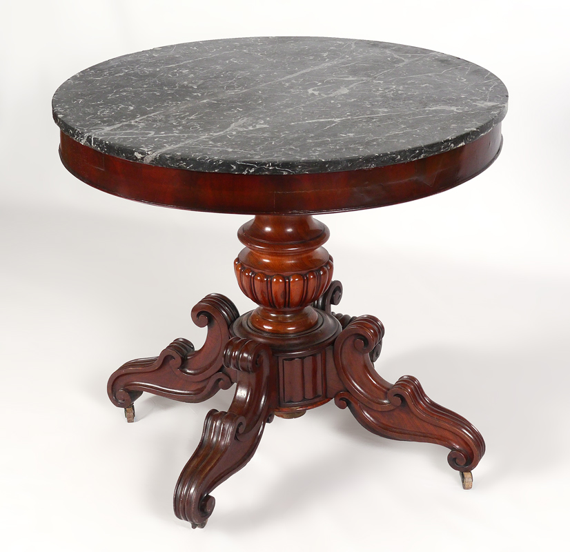 Appraisal: FRENCH MARBLE TOP CENTER TABLE Black variegated marble top carved