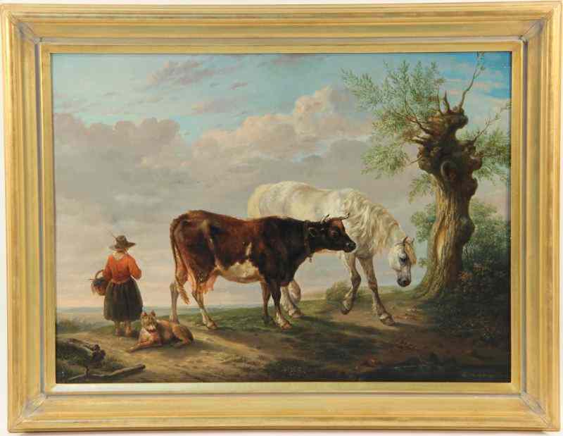 Appraisal: Dutch School Landscape with Animals th century oil on board