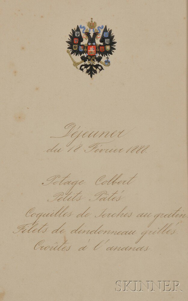 Appraisal: Framed Imperial Russian Lunch Menu February with embossed double-headed eagle