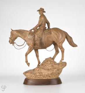 Appraisal: Mehl Lawson ''Backtrackin''' cowboy on horseback holding a rope signed