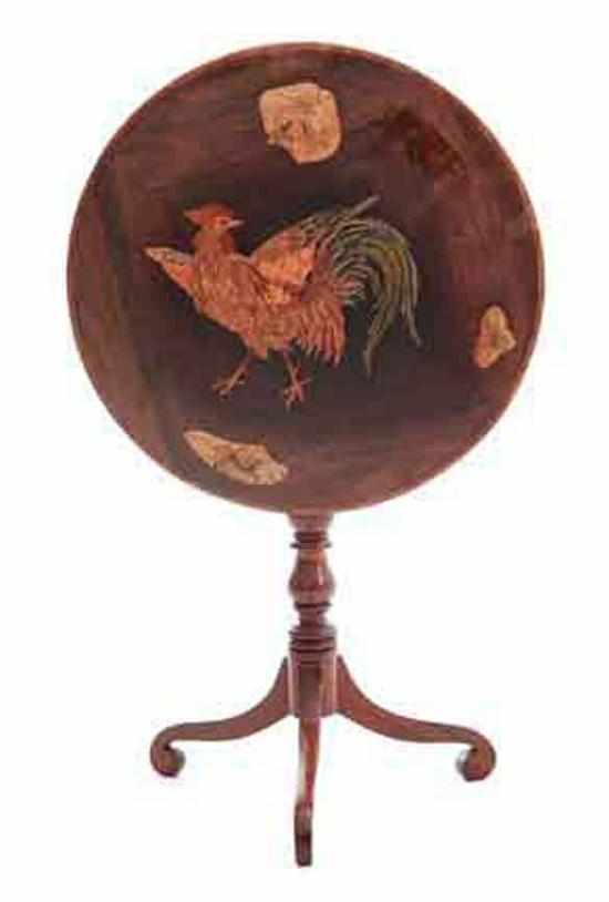 Appraisal: Regency style gamecock-inlaid mahogany tilt-top table mid- th century circular