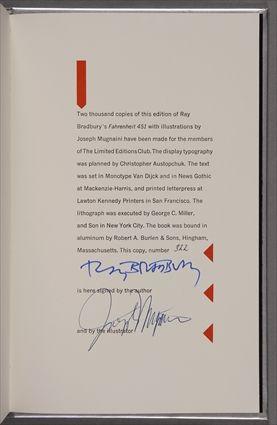 Appraisal: SIGNED BRADBURY RAY FAHRENHEIT New York Limited Editions Club Tall