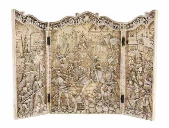 Appraisal: A Continental Carved Ivory Triptych depicting a knight on horseback's