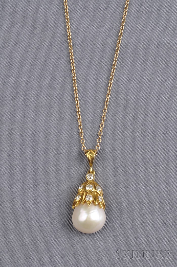 Appraisal: Pearl and Diamond Pendant the pearl drop measuring approx x