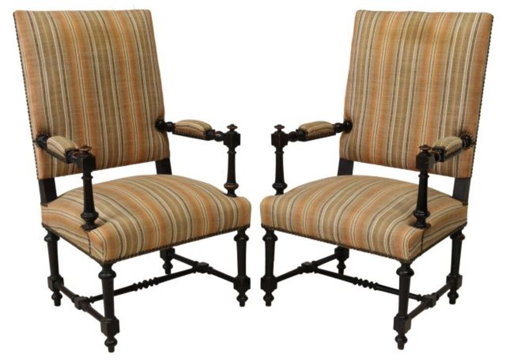 Appraisal: pair French Louis XIV style armchairs early th c striped