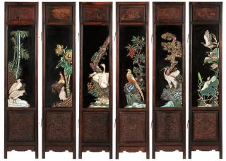 Appraisal: A Chinese carved hardwood and cloisonne screen Late Qing dynasty