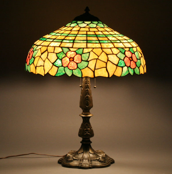 Appraisal: Chicago mosaic lamp with leaded floral glass shade patinated embossed