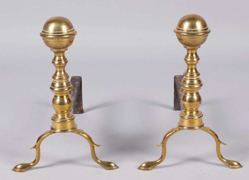 Appraisal: PAIR OF FEDERAL BRASS BALL ANDIRONS both with baluster support