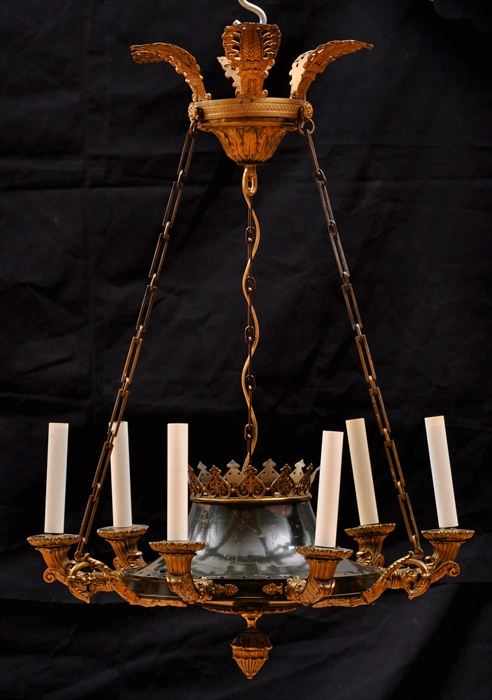 Appraisal: REGENCY-STYLE PATINATED AND GILT-METAL SIX-LIGHT CHANDELIER The squat urn bowl