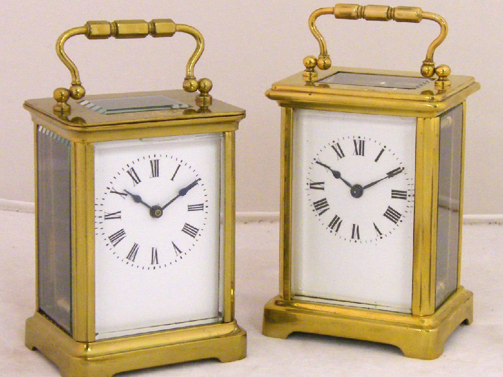 Appraisal: Two carriage timepieces within brass corniche cases both high