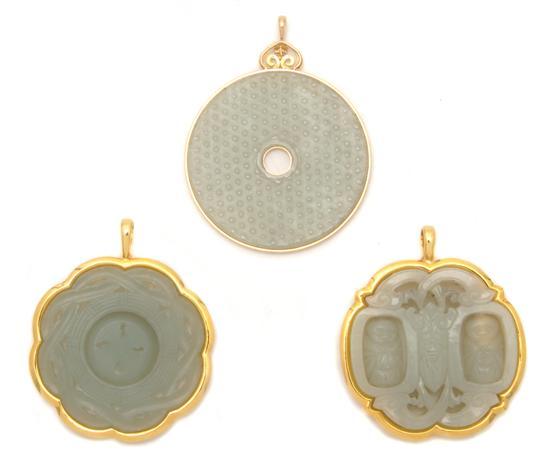 Appraisal: Group of Three Gold Mounted and Carved Jade Plaques of