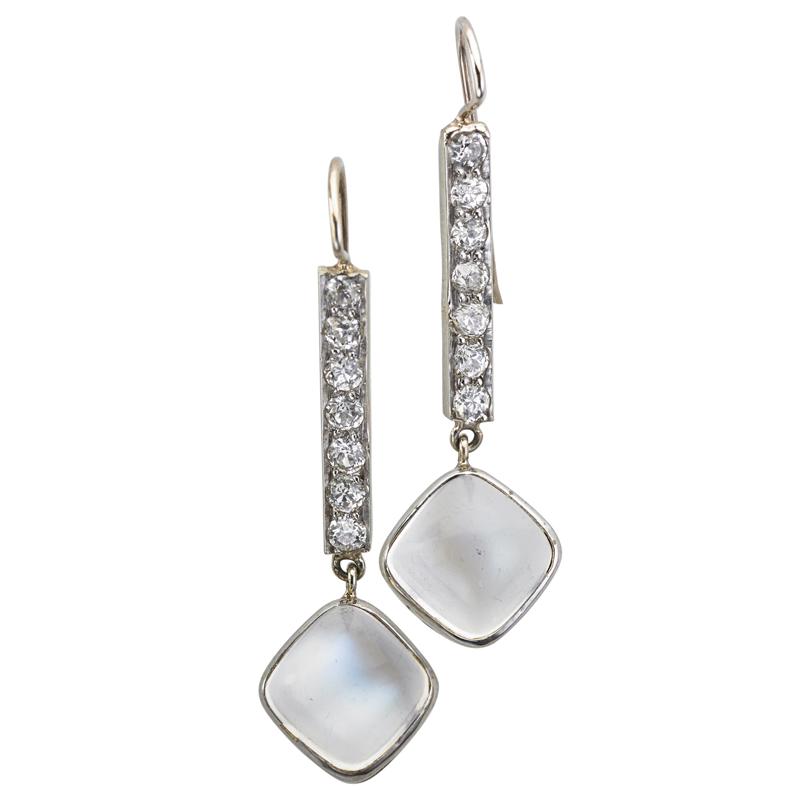 Appraisal: DIAMOND AND MOONSTONE CABOCHON DROP EARRINGS Condition Report Earrings created