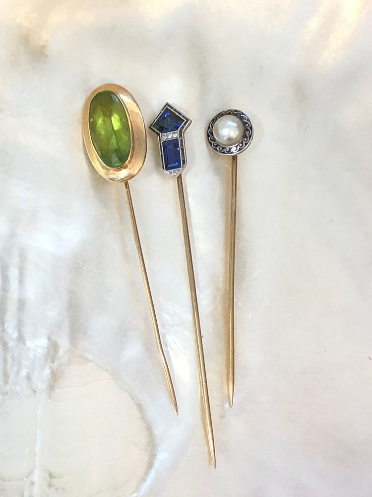 Appraisal: Antique Precious Stone Hat Pins Peridot Sapphire and Diamond Pearl