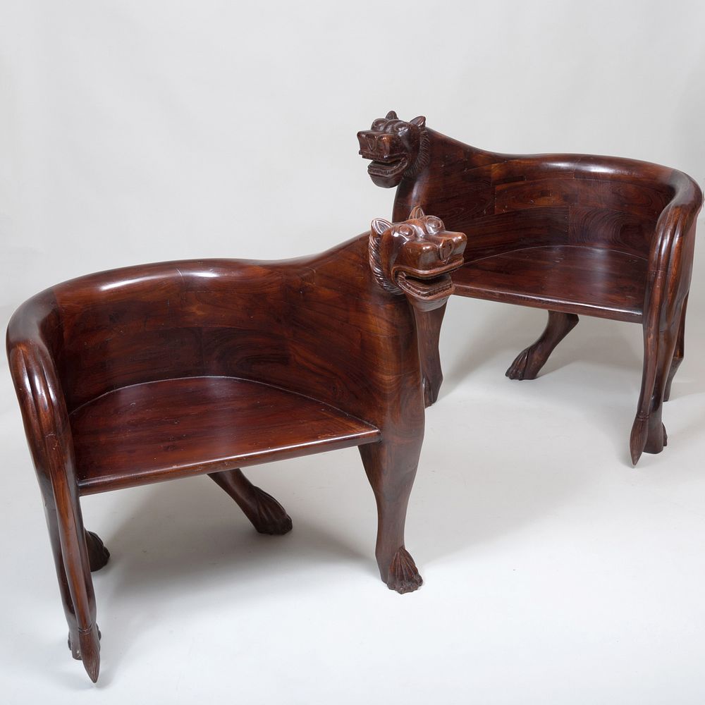 Appraisal: Pair of Modern Teak Stylized Lion Form Tub Chairs x