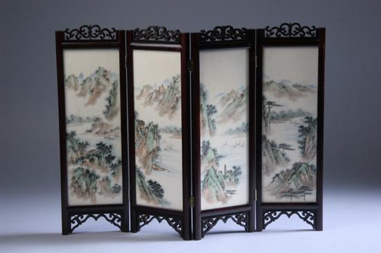 Appraisal: CHINESE FOUR-FOLD MARBLE SCREEN th century Each panel painted with