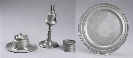 Appraisal: FOUR PIECES OF PEWTER American and English th century Oil