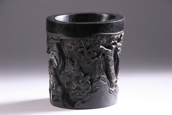 Appraisal: CHINESE ZITAN BRUSH HOLDER th century Carved to depict figures