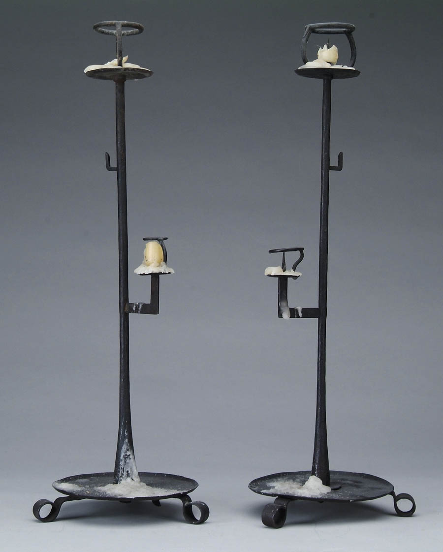 Appraisal: OUTSTANDING PAIR OF TALL WROUGHT IRON DOUBLE PRICKET CANDLESTICKS Central