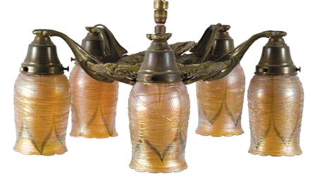 Appraisal: American Art Glass and Gilt-Metal Five-Light Chandelier Estimate -