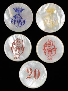 Appraisal: Five Miscellaneous Mother of Pearl Gambling Chips Circa Two have